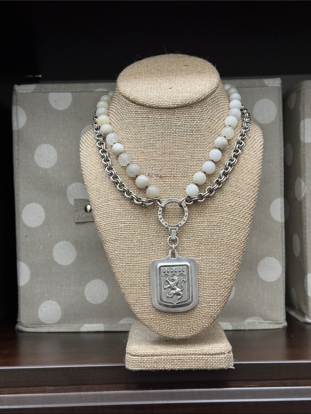 French Kande Bead & Silver Chain Pendant Necklace